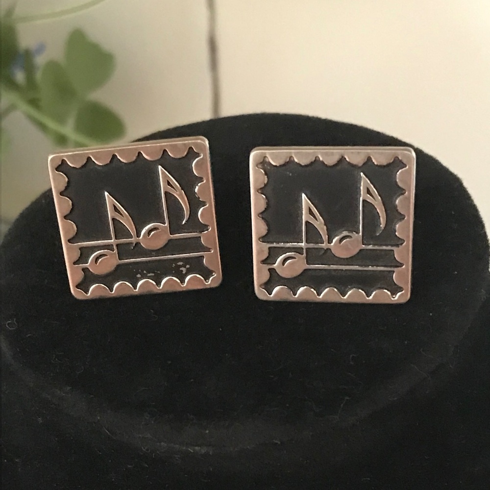 Vintage Silver Tone & Painted Black Music Note Cuff Links